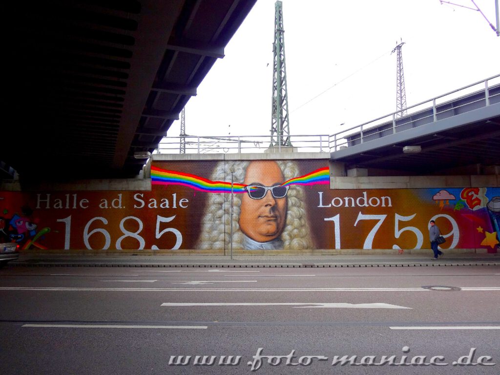Händel-Graffito mit den Städtenamen Halle und London
