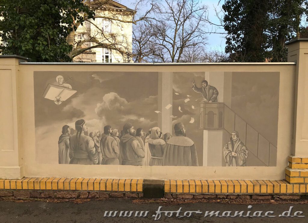 Wandbild: Luther predigt von der Kanzel vor Bürgern