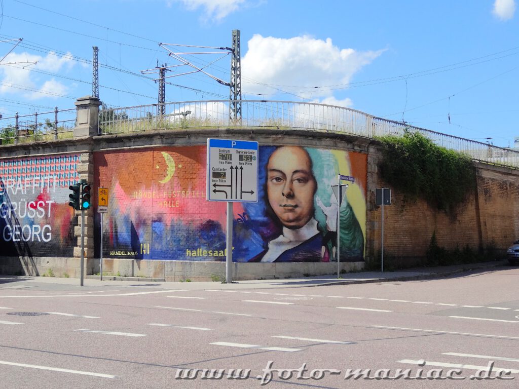 Graffito-Porträt vom jungen Händel auf einer Mauer