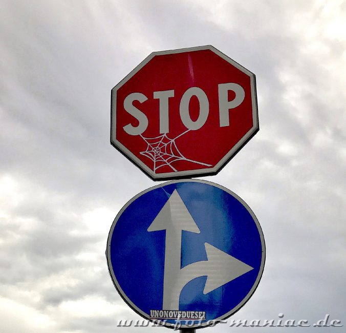 Verkehrsschilder zum Schmunzeln: Spinnennetz auf Stoppschild