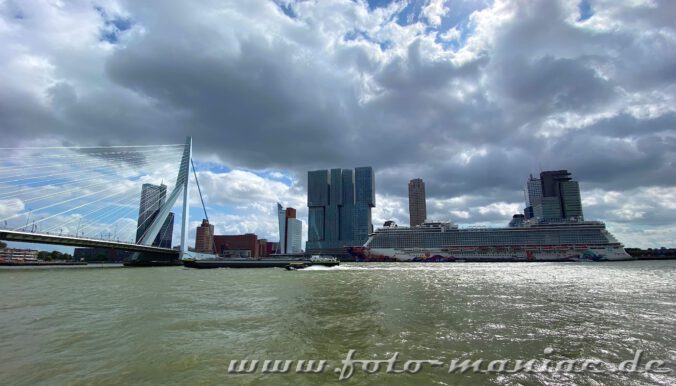 Ein Kreuzfahrtschiff ankert an der Wilhelminakade, Sinnbild für Rotterdams verrückte Architektur