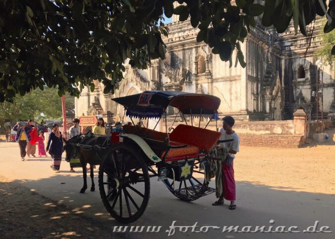 Einzigartige Tempelstadt Bagan - Pferdekutscher wartet vor dem Tahtbinnyu Tempel auf Fahrgäste