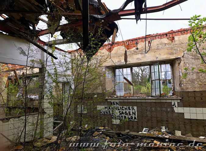Reste vom Dach hängen über einem Gebäude der verlassenen Brauerei Sternburg