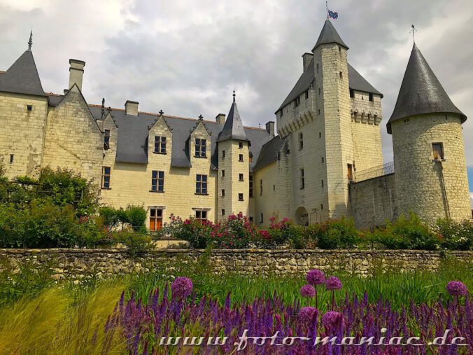 Blumen und Gräser vor den Maueren des märchenhaften Chateau Rivau