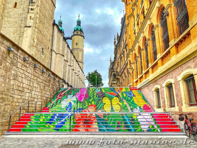 Streetart in Hallle: Blumen und Schmetterlinge auf einer Treppe