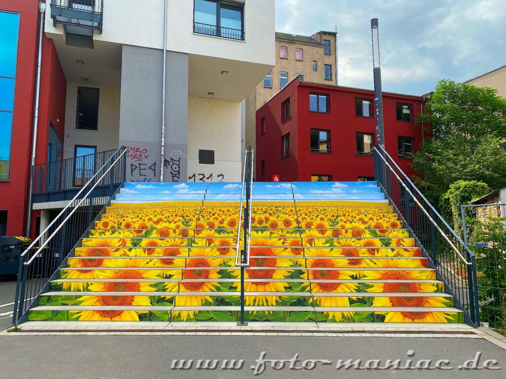 Streetart - Sonnenblumen auf einer Treppe
