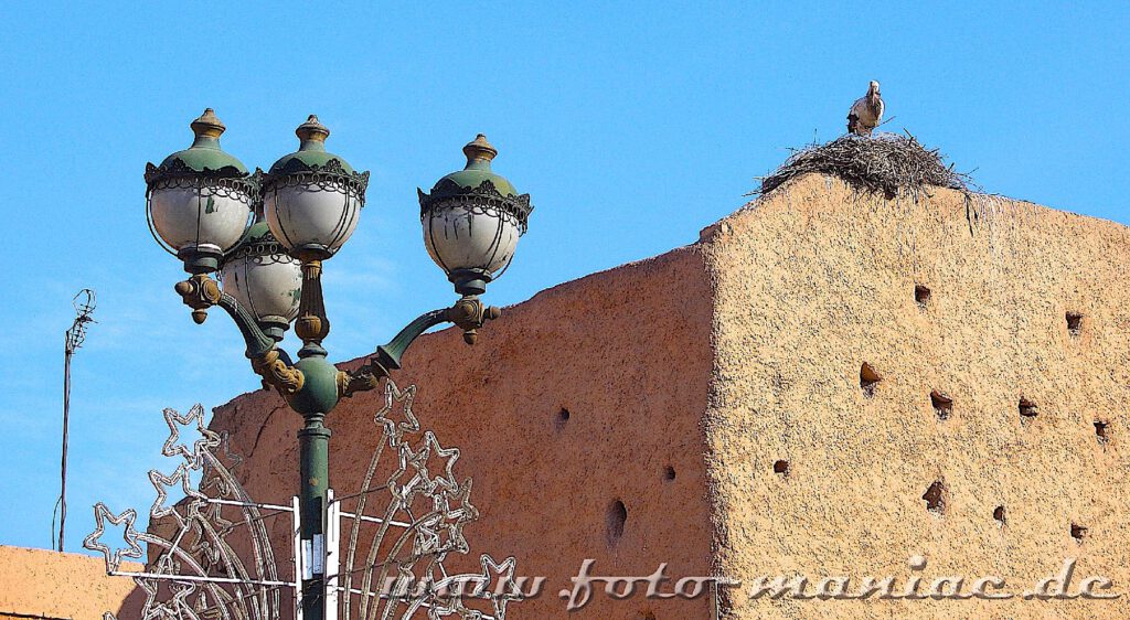 Störche nisten auf den Dächern des El-Badi-Palastes in Marrakech