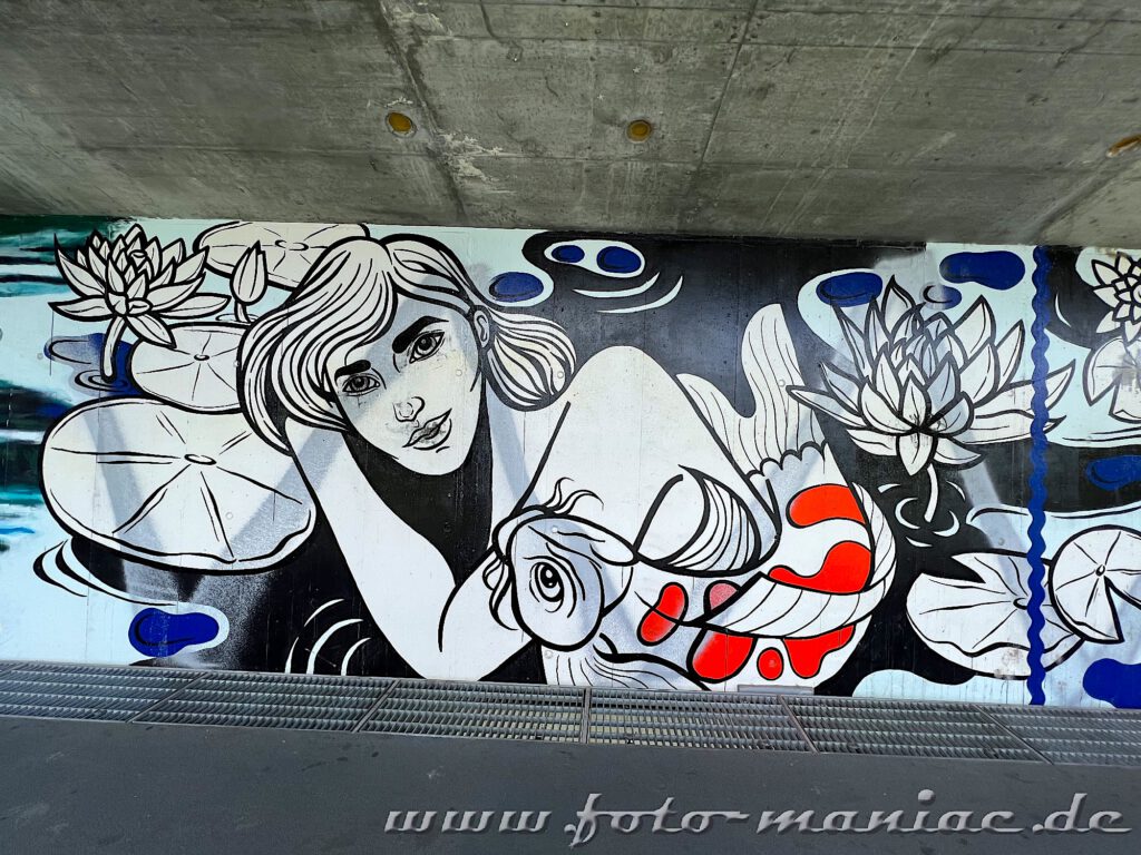 Liegende Frau mit Koi - Graffitikunst unter der Schwarzwaldbrücke in Basel