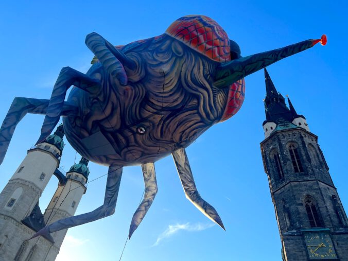 Gulliver in Halle: Riesenfliege zwischen Marktkirche und Rotem Turm