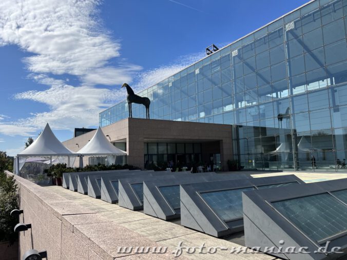 Straßburgs schöne Museen - eine Pferdeskulptur steht auf der Dachterrasse des Museums für moderne und zeitgenössische Kunst